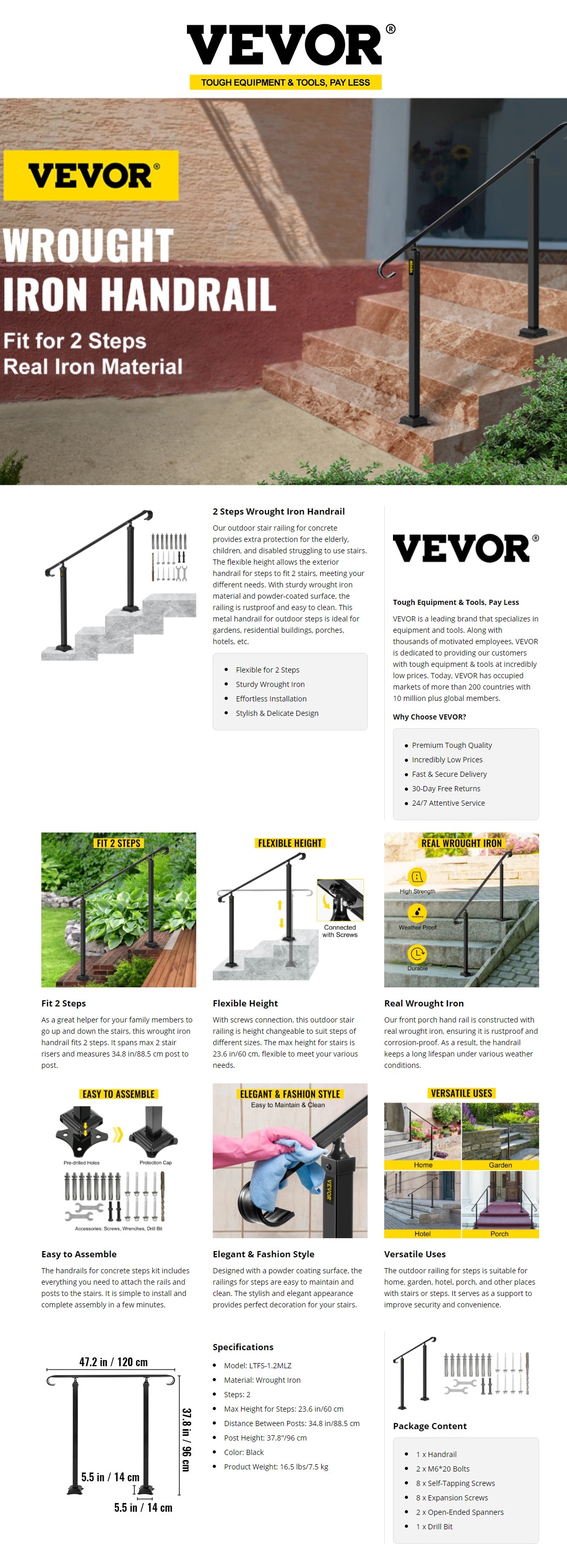VEVOR Handrails for Outdoor Steps Fit 1 to 3 Steps Wrought Iron Handrail  Outdoor Stair Railing Hand railing for Concrete Steps LTFS1.2MLZFS00001V0 -  The Home Depot