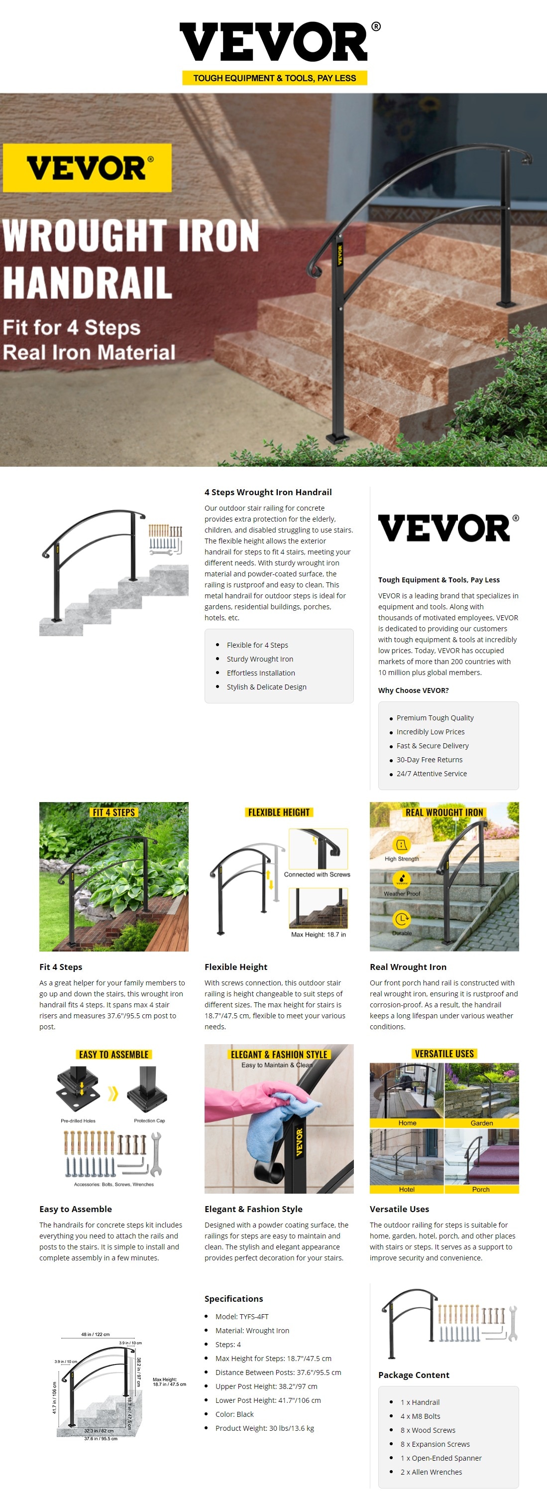 Handrails For Outdoor Steps, Fit 4 Or 5 Steps Outdoor Stair Railing, Picket#4 Wrought Iron Handrail, Flexible Porch Railing, Black Transitional Handrails For Concrete Steps Or Wooden Stairs | UK