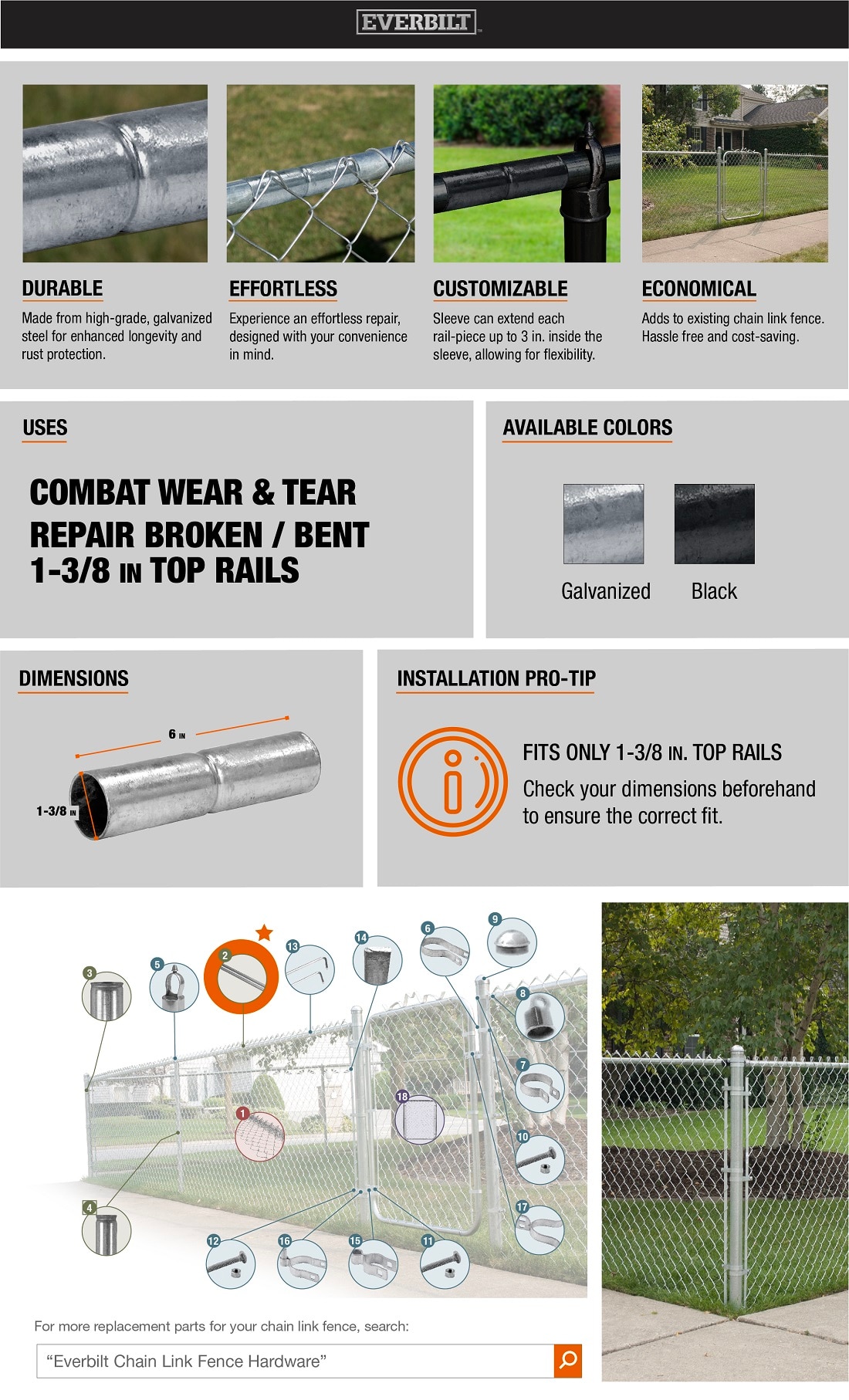 1-3/8 In. X 6 In. Galvanized Steel Chain Link Fence Top Rail Sleeve | eBay