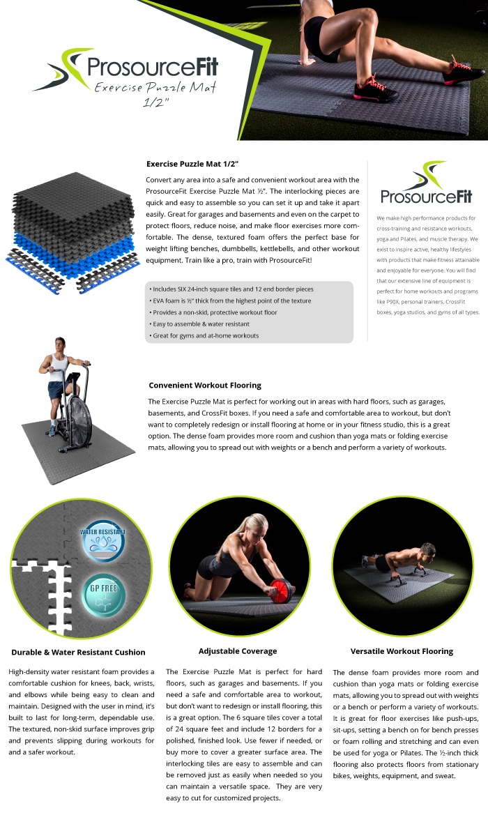 PROSOURCEFIT Exercise Puzzle Mat Grey 24 in. x 24 in. x 0.5 in. EVA ...