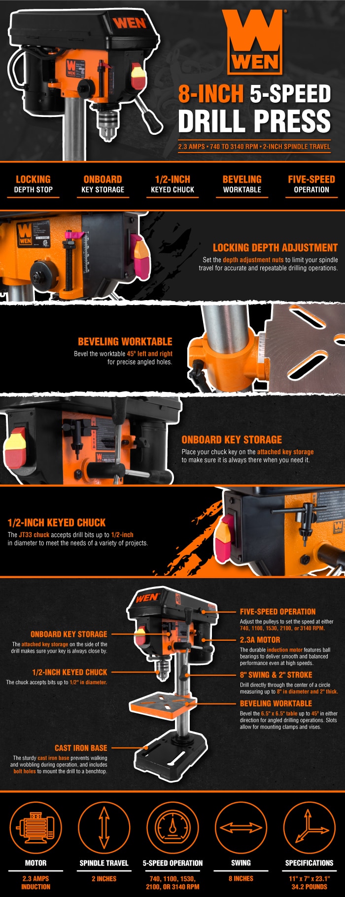 5-Speed Cast Iron Benchtop Drill Press with 1/2 In