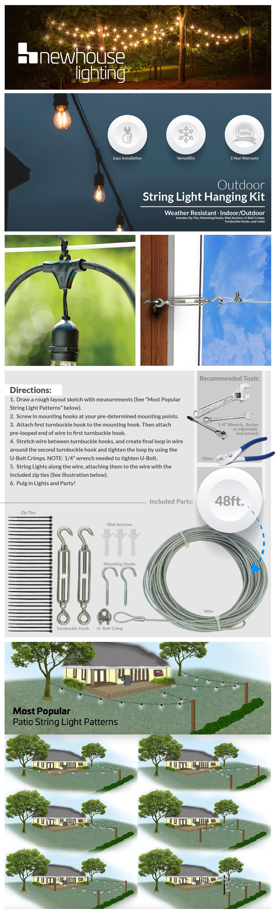 String Light Hardware Newhouse Lighting 48 ft. String Light Hanging, Mounting Kit, Wire ...