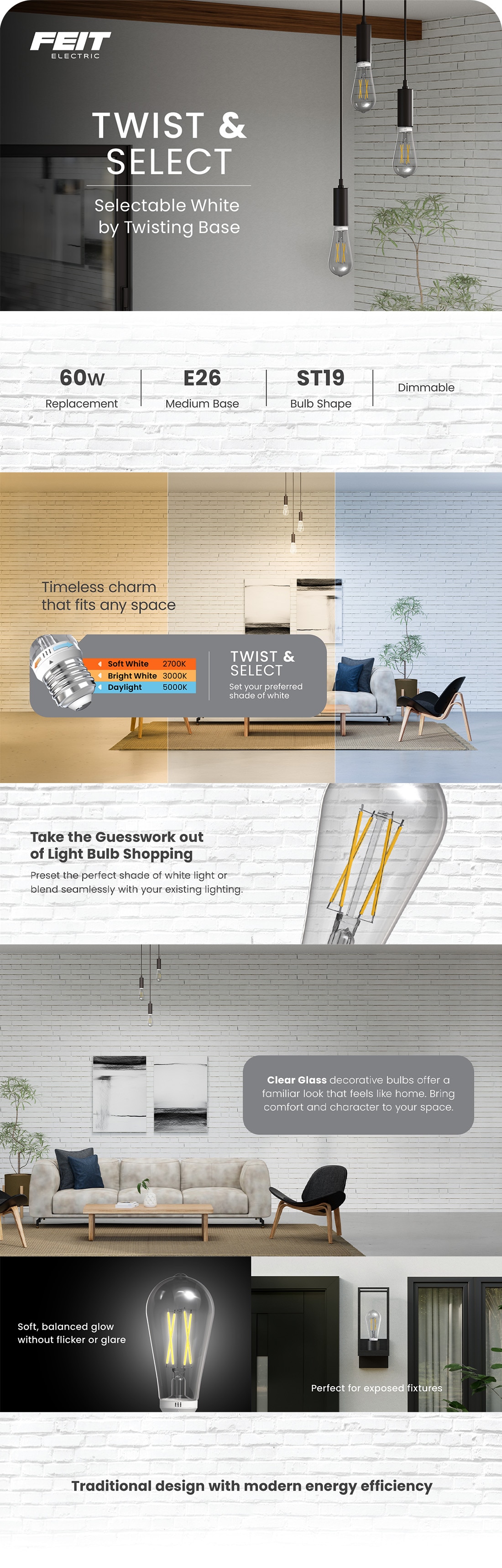 Typical Led Current Feit Electric 60-Watt Equivalent ST19 Dimmable Straight Filament Clear ...