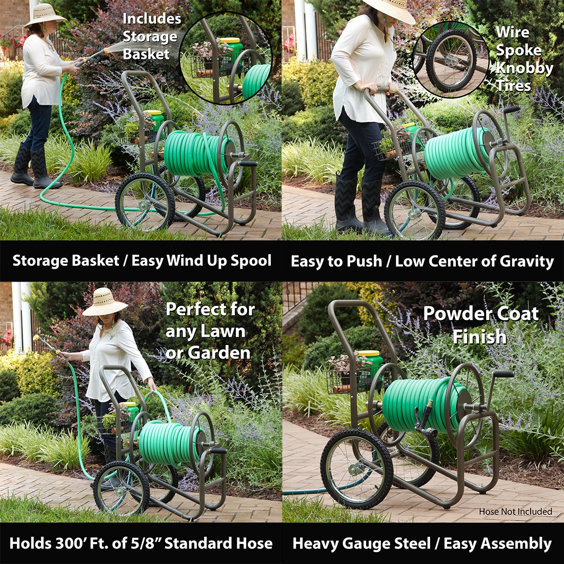 LIBERTY GARDEN 300 ft. Gray Steel 2 Wheel Hose Cart Garden Hose Reel ...