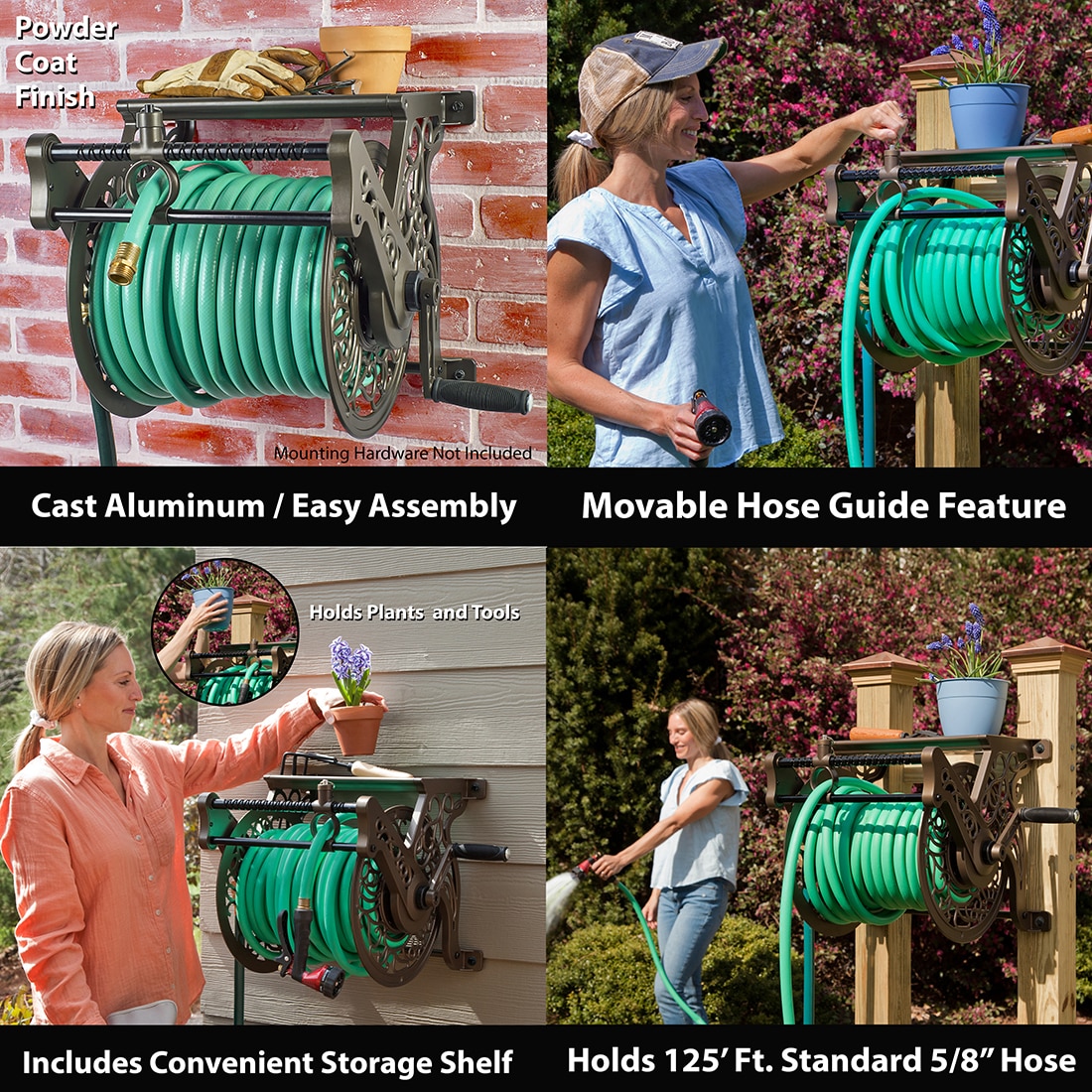 LIBERTY GARDEN 125 ft. Bronze Aluminum w/Hose Guide Wall Mounted Garden ...