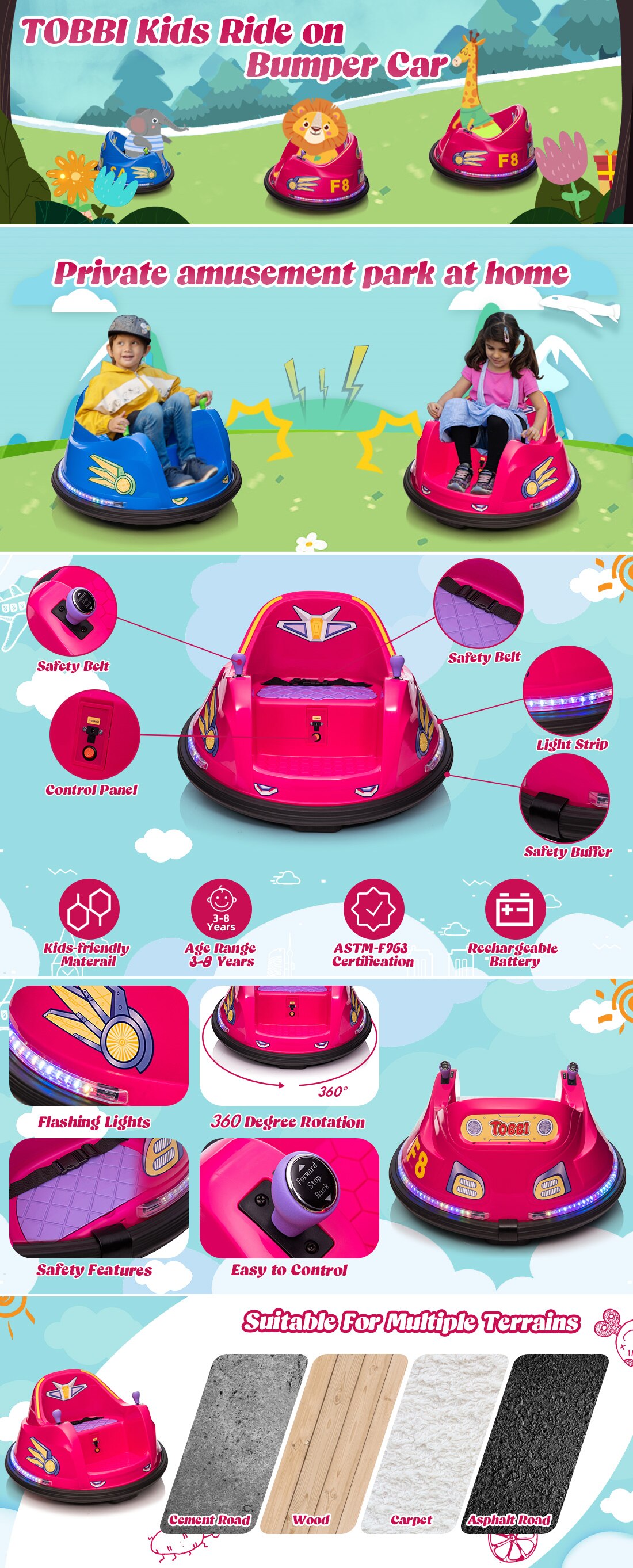 TOBBI TH17K0865 6-Volt Kids Bumper Car Electric Battery Powered Ride on Vehicle Toy with 360 Spin