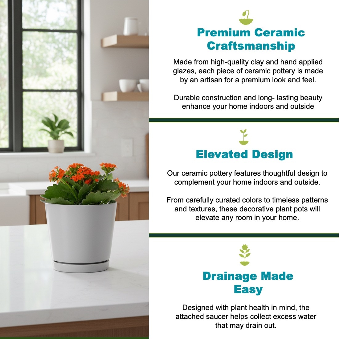 Trendspot Trendspot Piedmont Medium Gray Ceramic Planter with Attached Saucer and ...