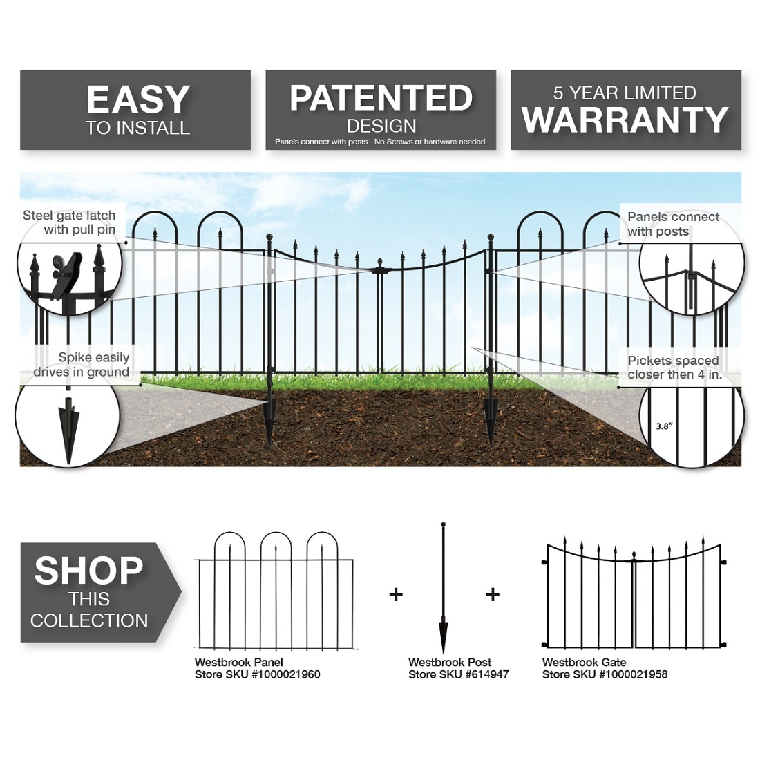 Vigoro Westbrook 34.7in. H x 48.6in. W Black Steel Fence Panel (4-Pack ...