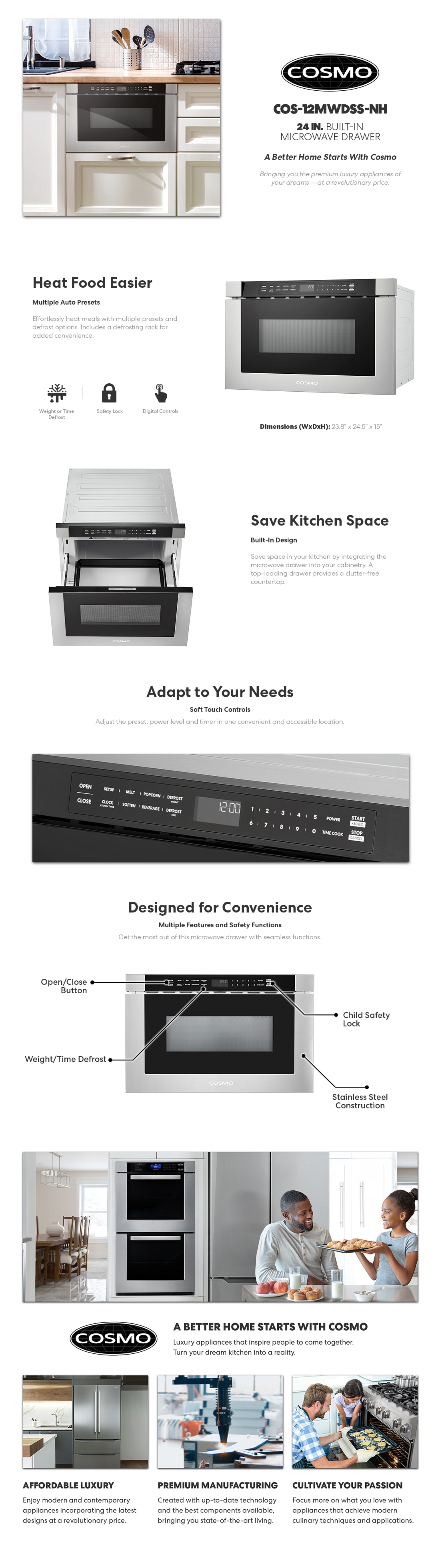 Cosmo 24 in. Haven Collection 1.2 cu. ft. Built-in Microwave Drawer ...