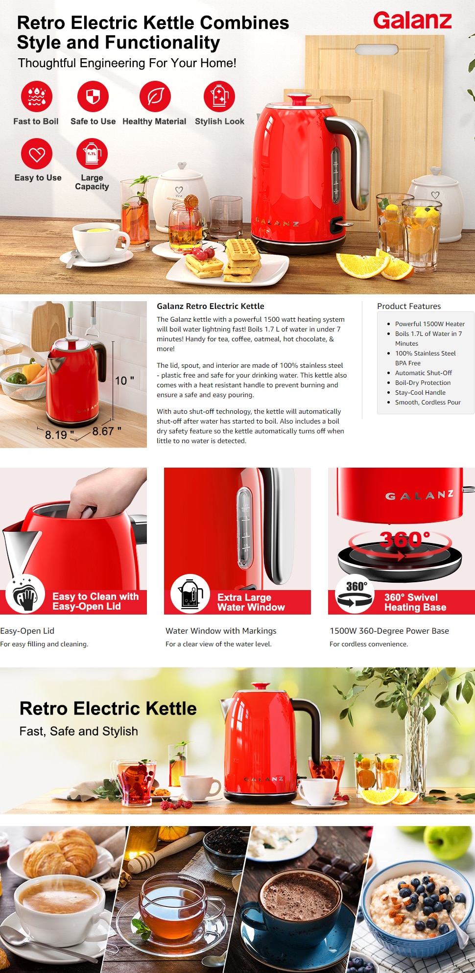 Galanz Retro Electric Kettle with Heat Resistant Handle and