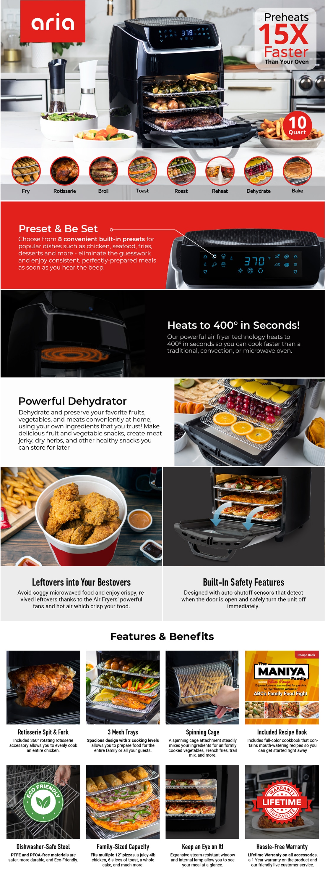 Aria 10Qt Teflon-Free Air Fryer Oven with Rotating Rotisserie, Dehydration,  Accessory Set & Recipe Book - Black 