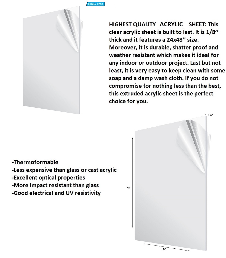 AdirOffice 24 in. x 48 in. x 1/8 in. Clear Plexiglass Acrylic Sheet ...