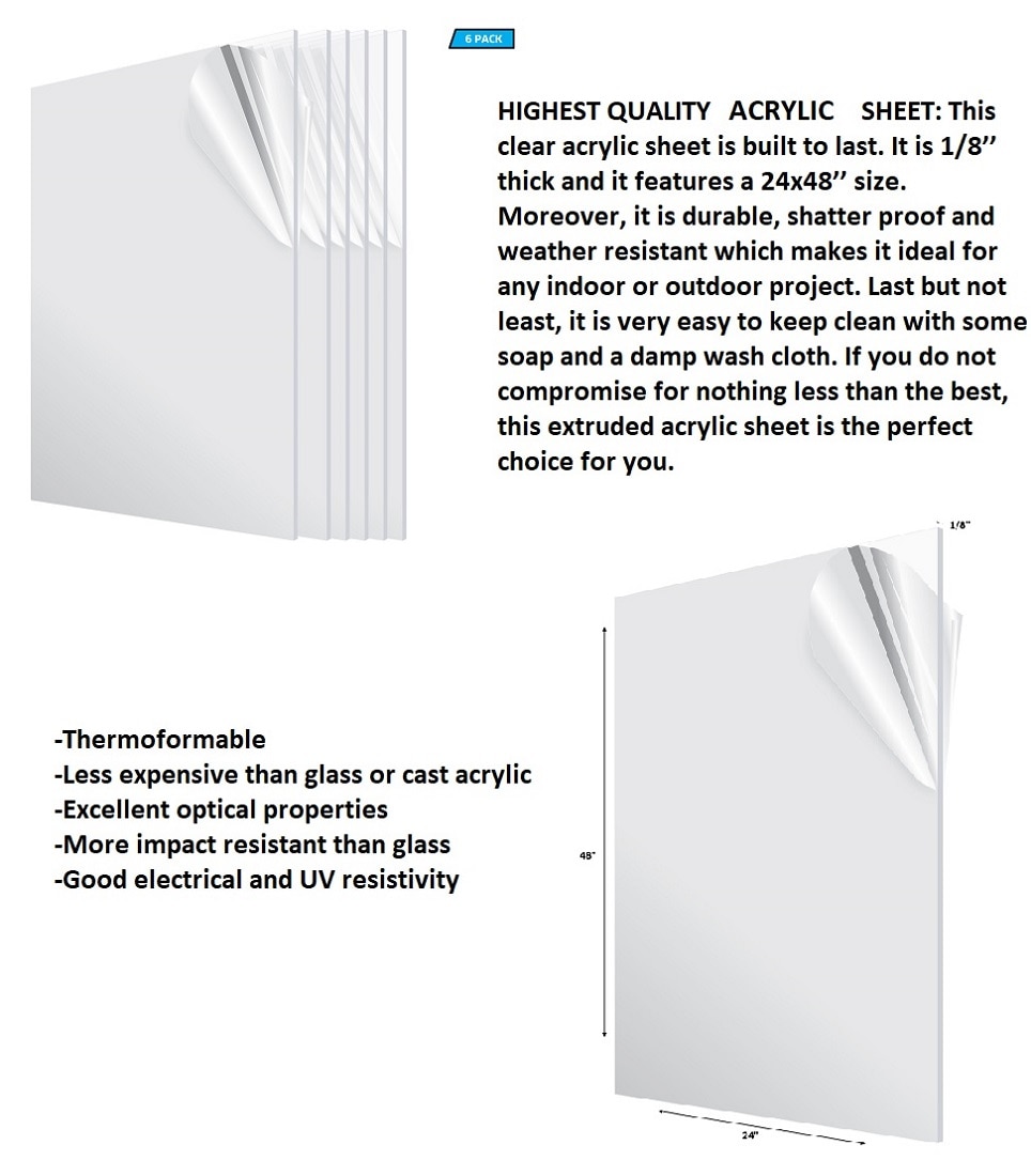 AdirOffice 24 in. x 48 in. x 1/8 in. Clear Plexiglass Acrylic Sheet (6 ...