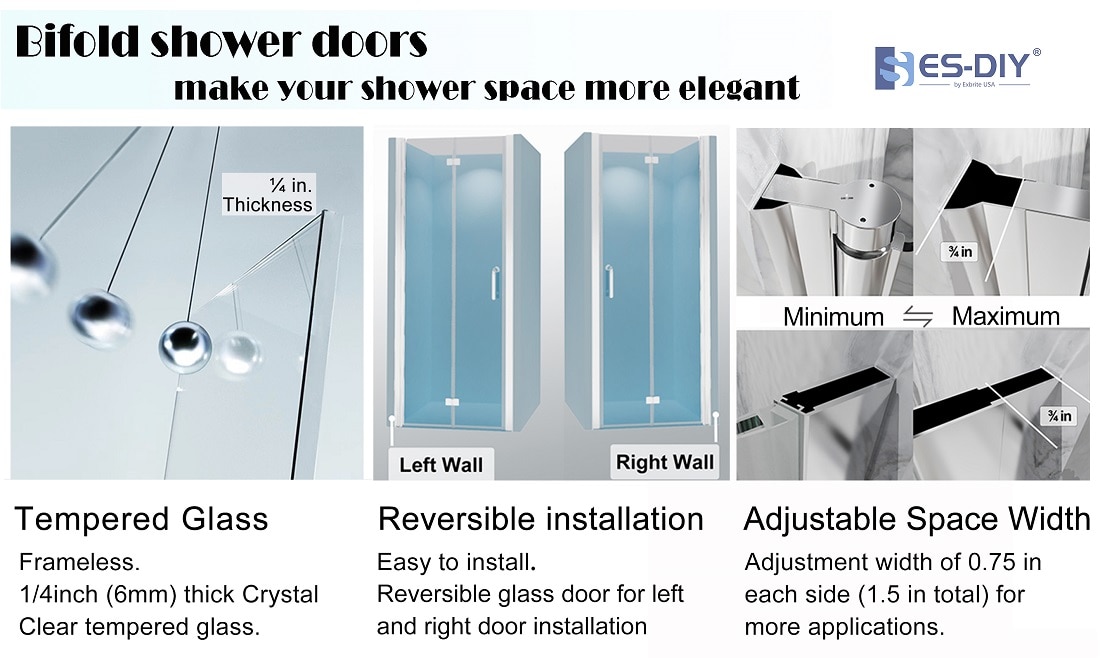 ES-DIY 36-38 in. W x 72 in. H Bifold Frameless Shower Door in Chorme ...