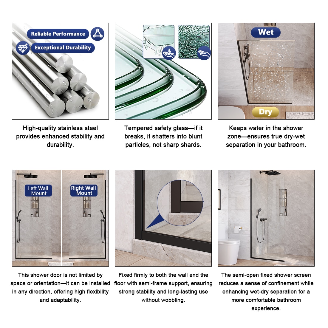 DEERVALLEY 34 in. W x 74 in. H Semi Frameless Fixed Single Panel Shower ...