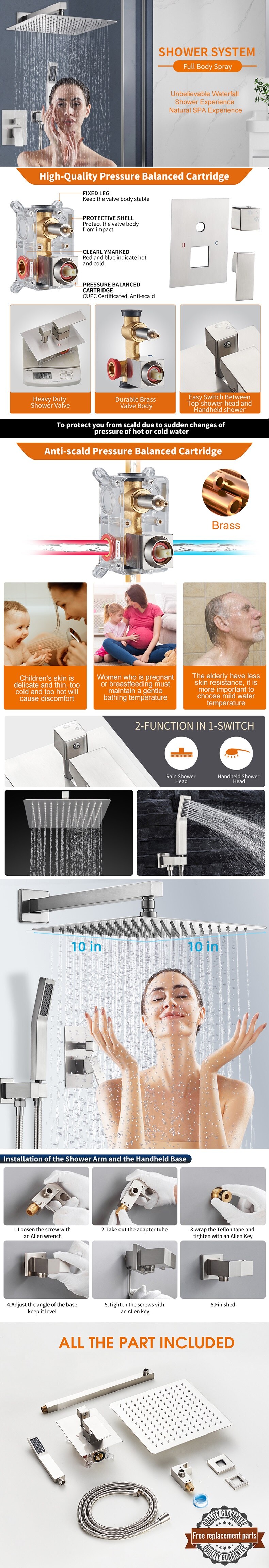 Shower Product Razorback Zalerock Rainfall 1-Spray Square 10 in. Shower System Shower Head with ...