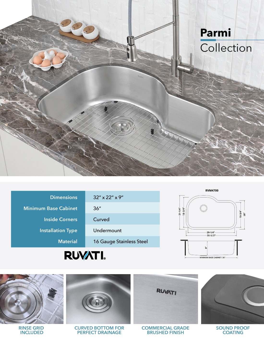 Ruvati Parmi 32 in. Undermount Single Bowl 16-Gauge Stainless Steel ...
