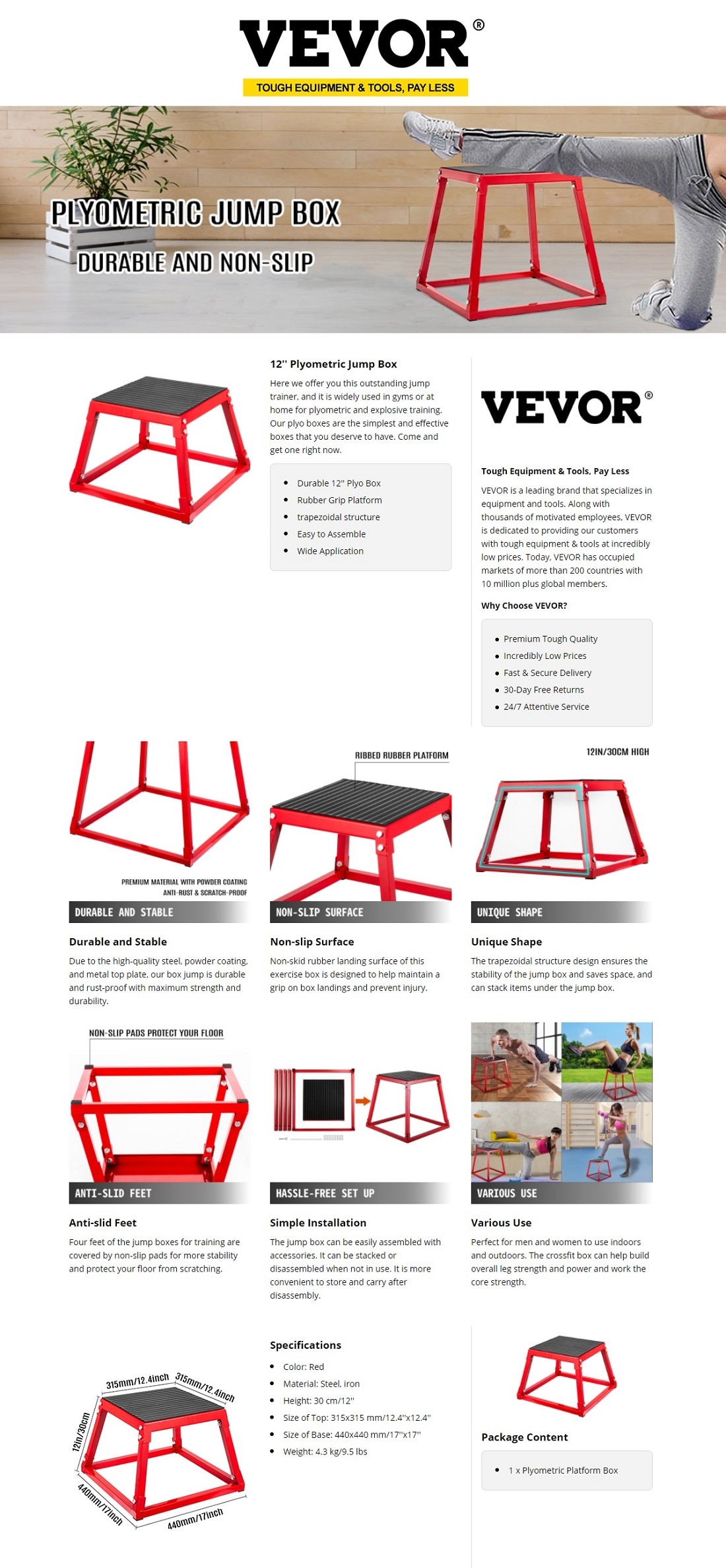 VEVOR Plyometric Platform Box 12 in. Trapezoidal Structure Exercise ...