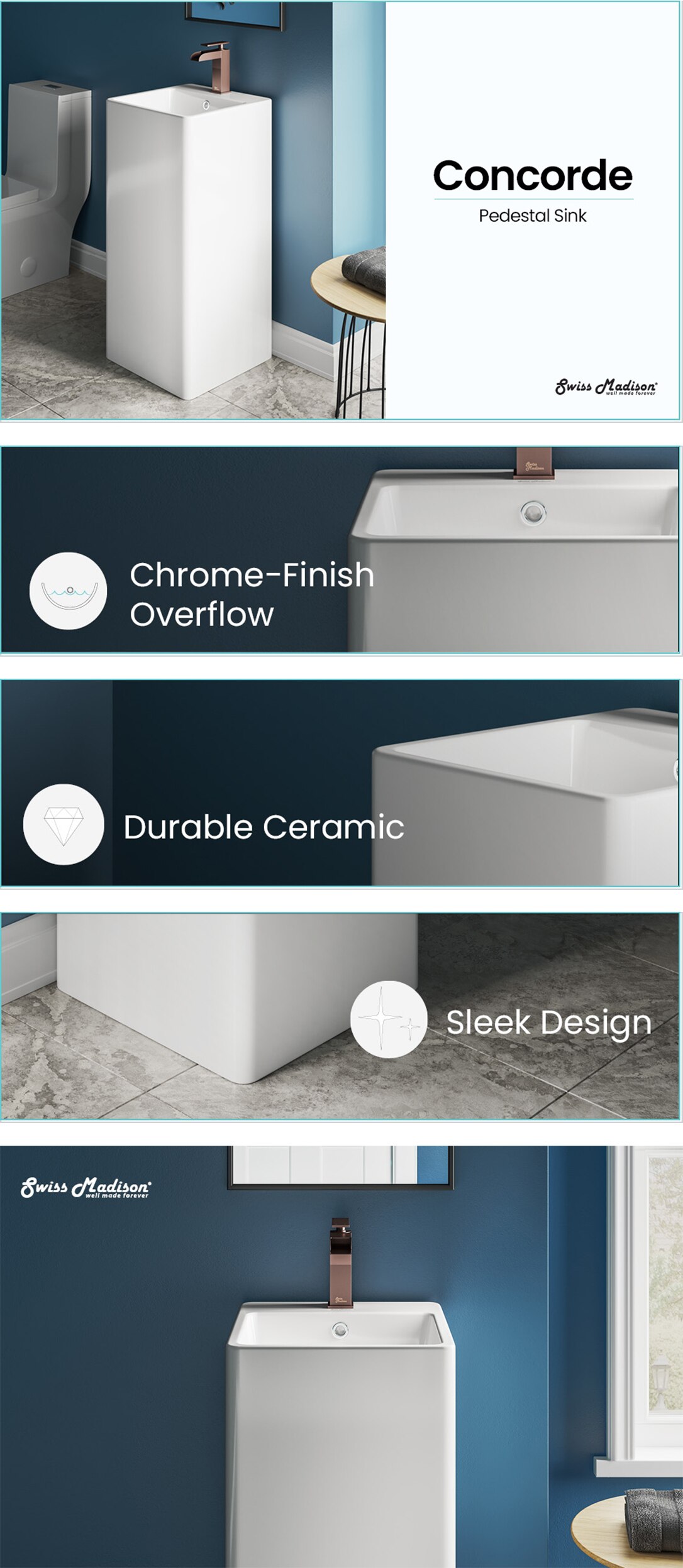 Swiss Madison Concorde 1-Piece Glossy White Ceramic Square Pedestal ...