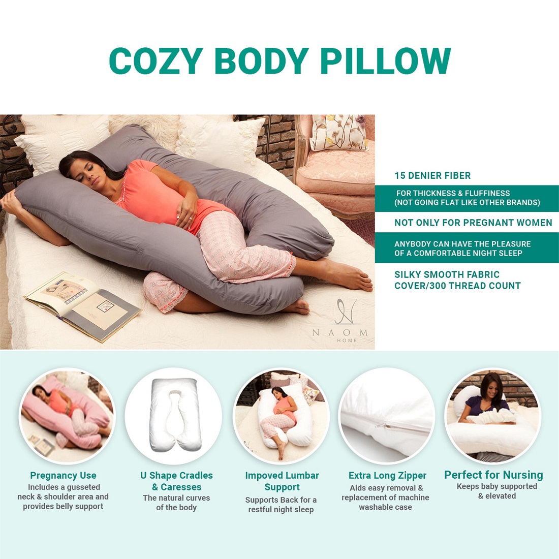 Extra Fill 5ft Comfort U Pillow Body Back Support Nursing Maternity Pregnancy 