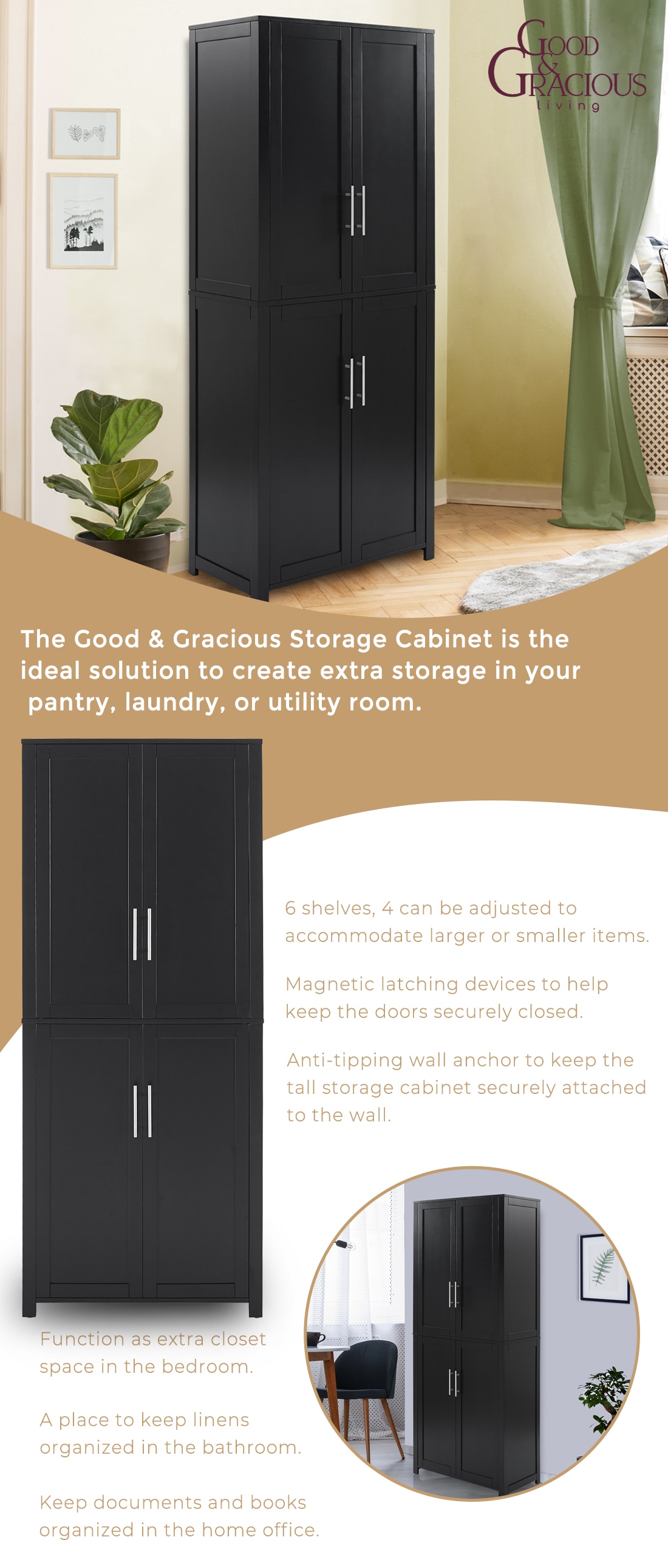 GOOD & GRACIOUS Black Storage Cabinet with 6-Shelves and 4-Doors ...