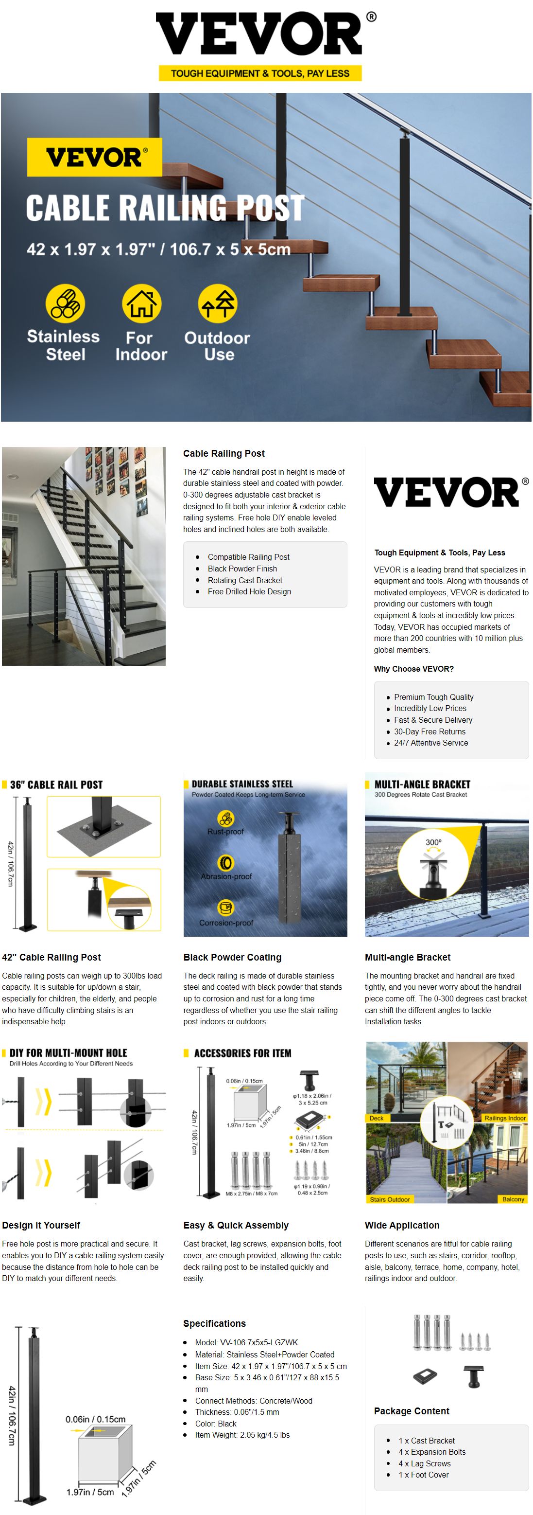 Vevor Deck Rails VEVOR Deck Railing 42 in. x 1.97 in. x 1.97 in. Cable Railing Post ...